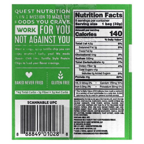 Quest Nutrition, Протеиновые чипсы по типу тортилья, чили и лайм, 8 пакетиков по 32 г (1,1 унции)