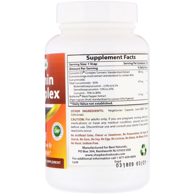 Best Naturals, Curcumin C3 Complex with Bioperine, 500 mg , 120 VCaps