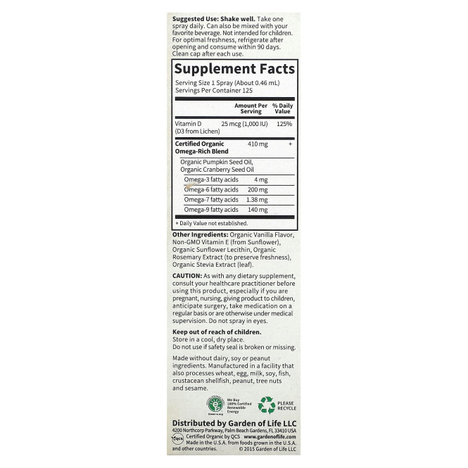 Garden of Life, Kind Organics, Веганский D3, 1000 МЕ, ванильный спрей, 2 унции (60 мл)