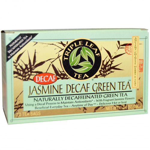 Triple Leaf Tea, Зеленый чай с жасмином, без кофеина, 20 чайных пакетиков, 1.34 унций (28 г)