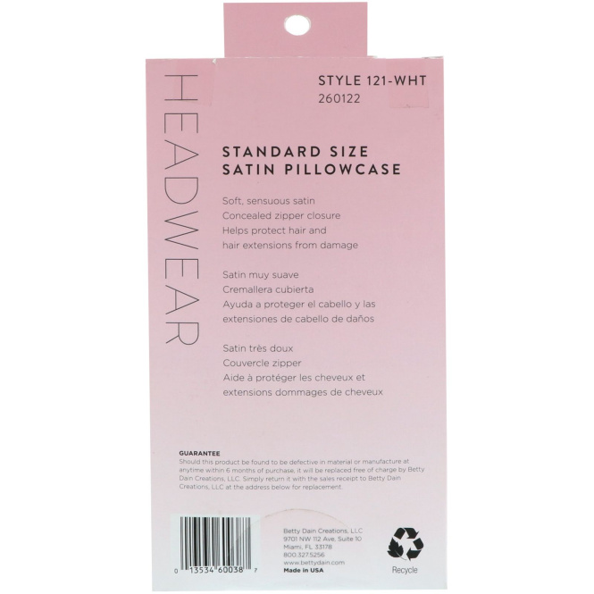 Betty Dain Creations, LLC, Headwear, Сатиновая наволочка стандартного размера, 1 наволочка