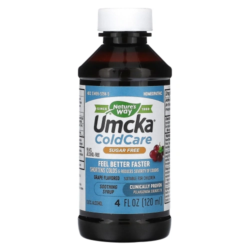 Nature's Way, Umcka - лекарство от простуды, успокаивающий сироп, без сахара, виноградный вкус, 4 унции (120 мл)