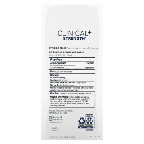 Secret, Clinical Strength Antiperspirant/Deodorant,  Invisible Solid, Powder Protection, 2.6 oz (73 g)