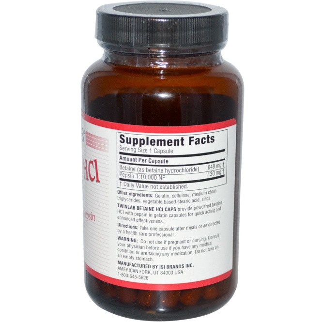Twinlab, Бетаин HCL, 100 капсул