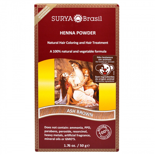 Surya Brasil, Henna Brazil, Natural Hair Coloring and Hair Treatment Powder, Ash Brown, 1.76 oz (50 g)