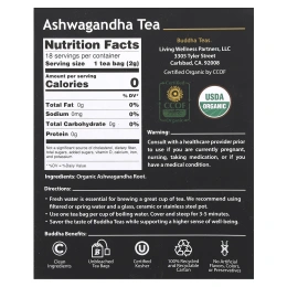 Buddha Teas, органический травяной чай, ашваганда, 18 чайных пакетиков, 36 г (1,27 унции)