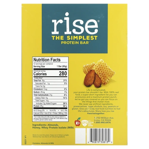 Rise Bar, Простейший протеиновый батончик, мед и миндаль, 12 батончиков, 2,1 унц. (60 г) каждый