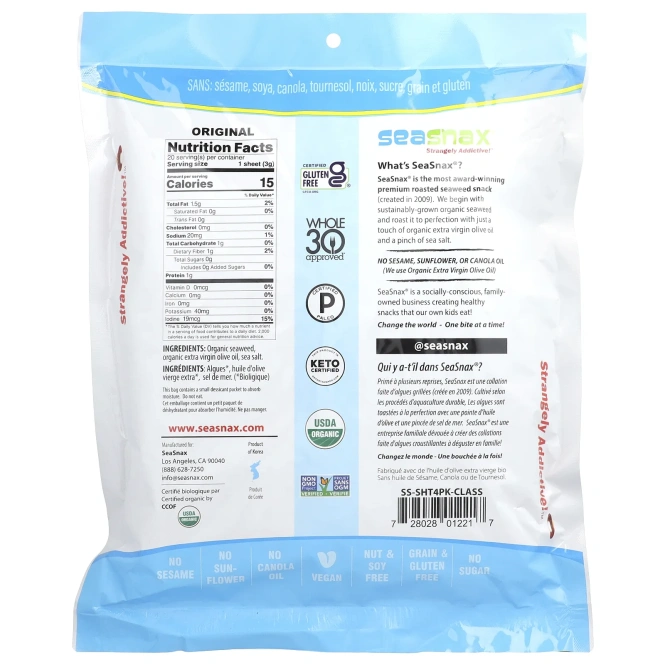 SeaSnax, Organic Roasted Seaweed Wrapz ™, оливковое масло и морская соль, 20 больших листов, 60 г (2,16 унции)