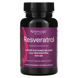 Reserveage Beauty, Ресвератрол, 4-часовое замедленное высвобождение, 500 мг, 30 растительных капсул