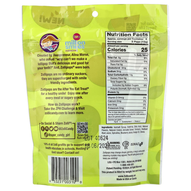 Zollipops, The Clean Teeth, леденцы, со вкусом зеленого яблока, 88 г (3,1 унции)