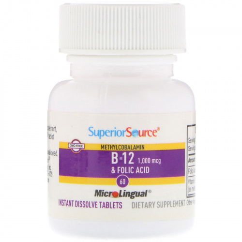 Superior Source, B-12 Метилкобаламин и Фолиевая Кислота, 1000 мкг/400 мкг 60 мгновенно растворимых таблеток