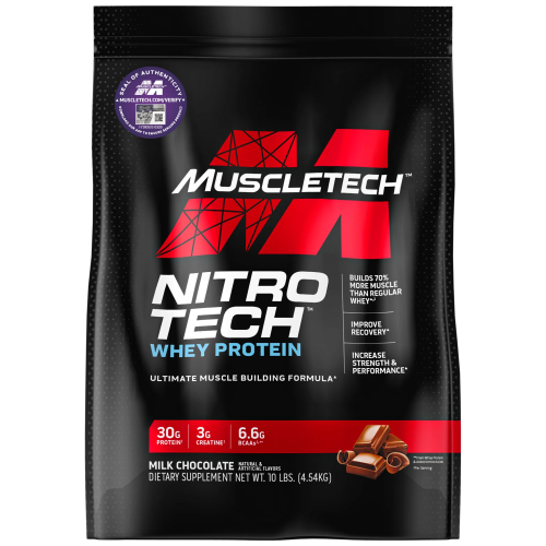 Muscletech, Nitro Tech, сывороточные пептиды и изолят сыворотки, средство для наращивания сухой мышечной массы, сывороточный протеин в порошке, со вкусом молочного шоколада, 4,54 кг (10 фунтов)