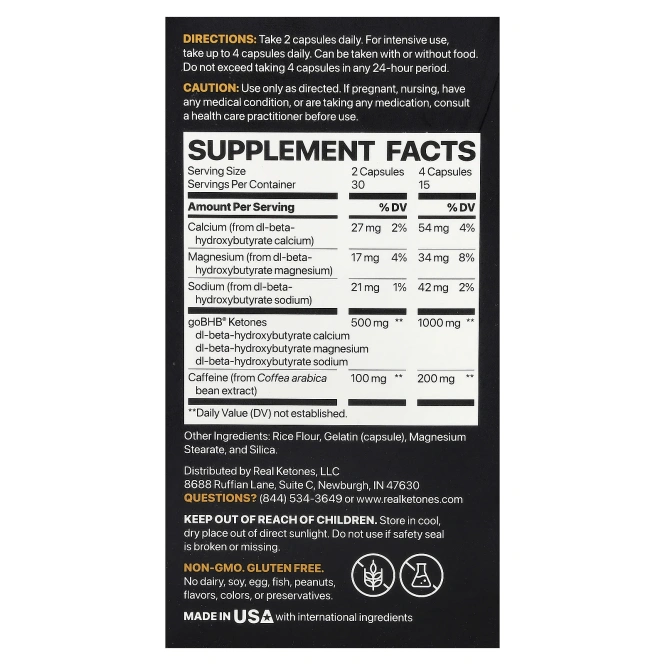 Real Ketones, кетоновый сжигатель жира, кетоны с кофеином goBHB®, 60 капсул
