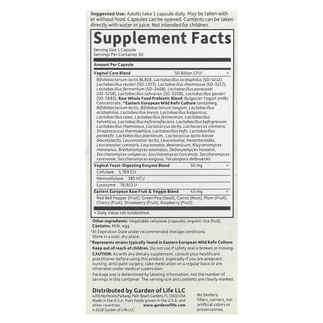 Garden of Life, Raw Probiotics Vaginal Care, 30 вегетарианских капсул