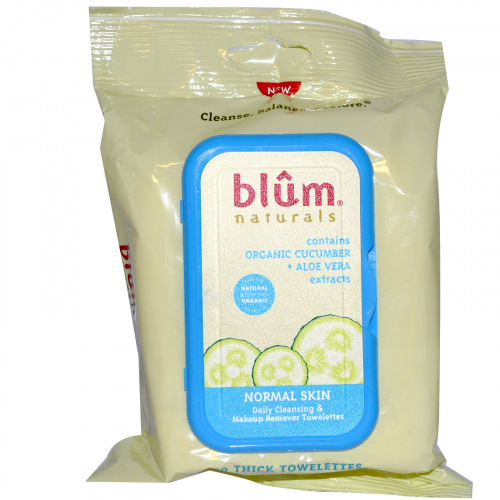 Blum Naturals, Влажные салфетки для ежедневного очищения и снятия макияжа, для нормальной кожи, огурец + Алоэ Вера, 30 шт.