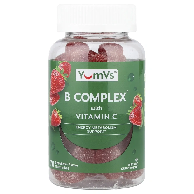 YumVs, комплекс витаминов группы B с витамином C в жевательных таблетках, со вкусом клубники, 70 жевательных таблеток