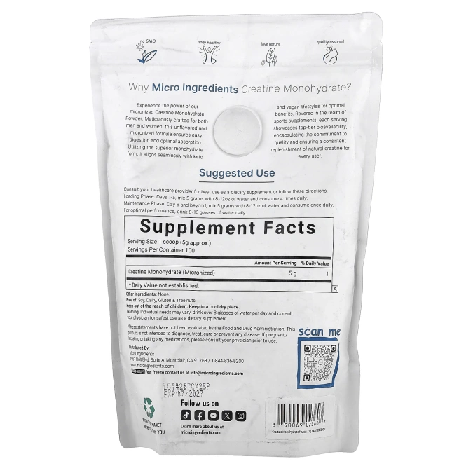 Micro Ingredients, Моногидрат креатина, без добавок, 500 г (1,1 фунта)