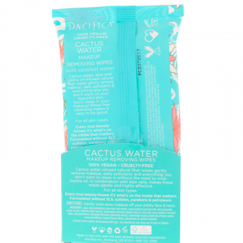 Pacifica, Makeup Removing Wipes, Cactus Water, 30 Pre-Moistened Natural Towelettes
