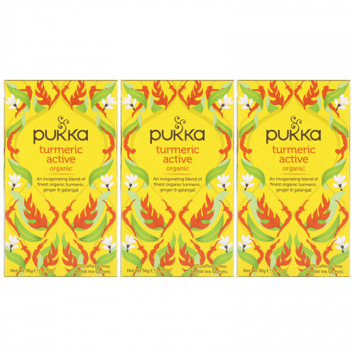 Pukka Herbs, Органическая куркума актив, Без кофеина, Упаковка из 3 единиц, По 20 пакетиков травяного чая в каждой
