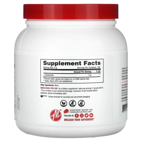 Metabolic Nutrition, L-глютамин, без добавок, 500 г (17,64 унции)