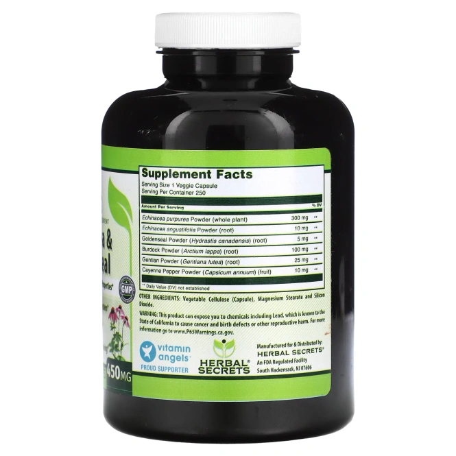 Herbal Secrets, Эхинацея и желтокорень, 450 мг, 250 растительных капсул