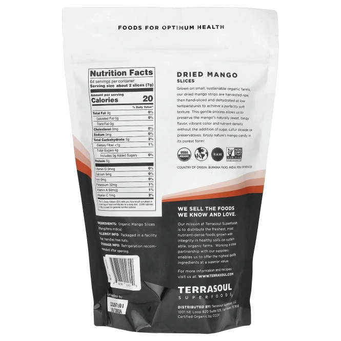 Terrasoul Superfoods, сушеное манго, несульфированный, 454 г (16 унций)