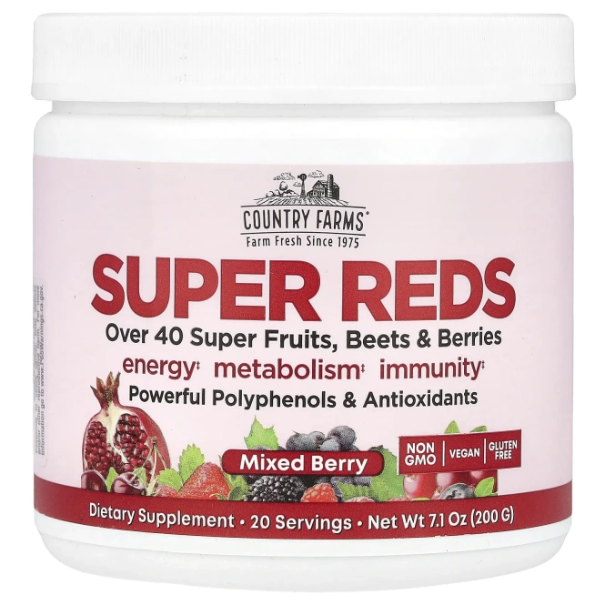 Country Farms, Super Reds, насыщающие энергией суперпродукты с полифенолами, со вкусом ягод, 7,1 унц. (200 г)