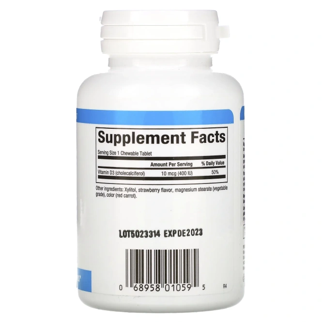 Natural Factors, Витамин D3 для детей, со вкусом клубники, 400 МЕ, 100 жевательных таблеток