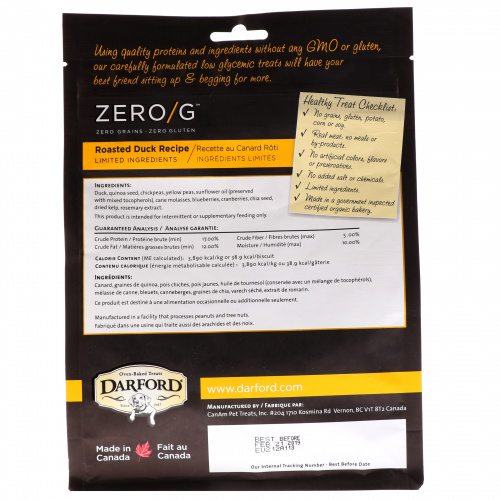 Darford, Zero/G, лакомство для собак, запечено в духовке, все натуральное, вкус жаренной утки, 12 унц. (340 г)