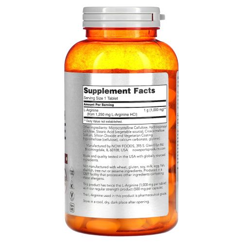 NOW Foods, Sports, L-аргинин двойной силы, 1000 мг, 180 таблеток