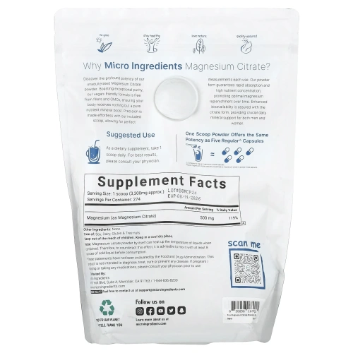 Micro Ingredients, Цитрат магния, без добавок, 907 г (2 фунта)