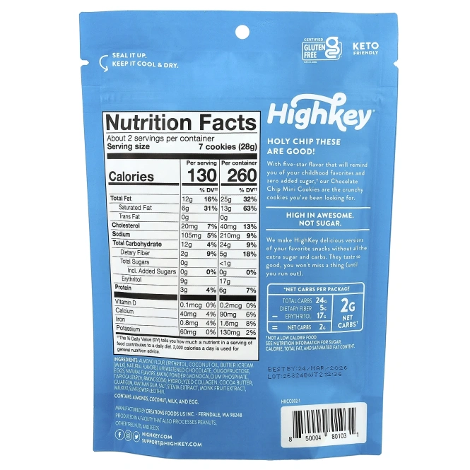 HighKey, Mini Cookies, шоколадная крошка, 56,6 г (2 унции)
