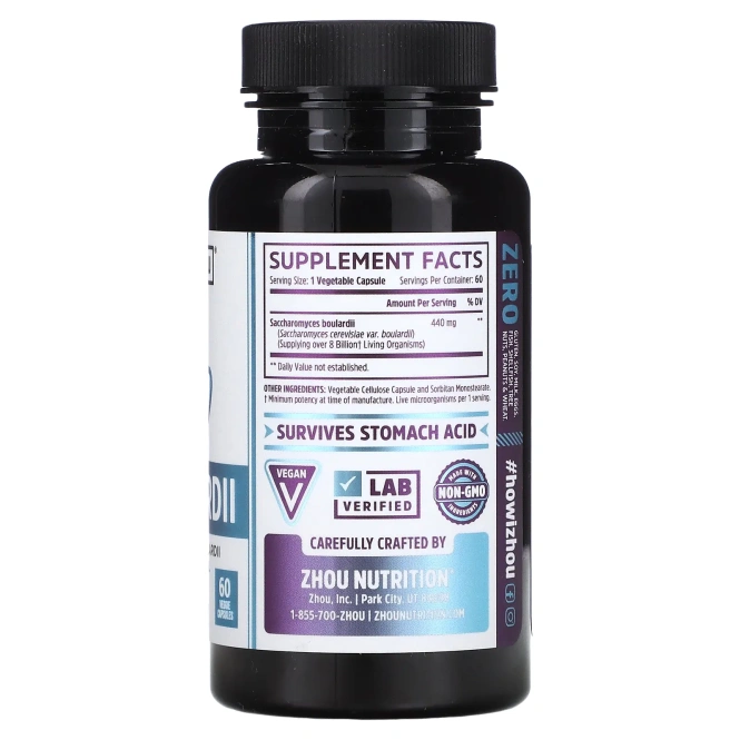 Zhou Nutrition, Сахаромицеты Буларди, желудочно-кишечный пробиотик, 60 вегетарианских капсул