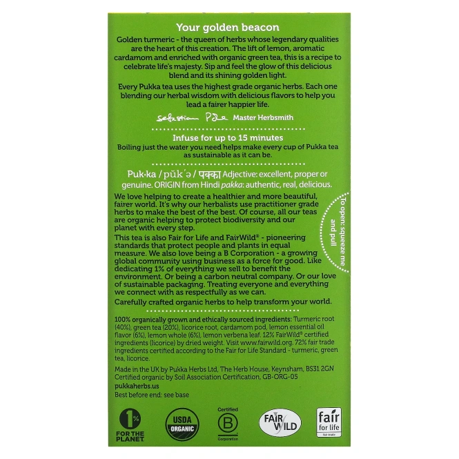 Pukka Herbs, Чай с куркумой, 20 пакетиков, 36г (1,27 унций)