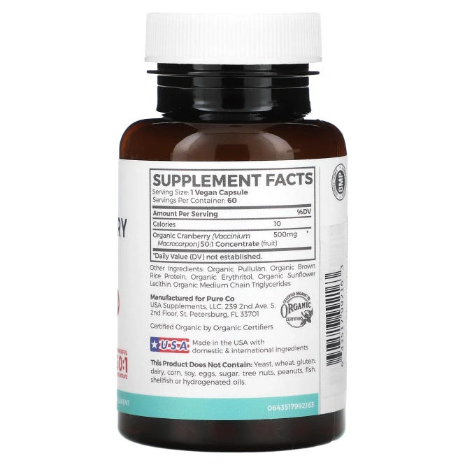 Pure Co., концентрат органической клюквы, 60 растительных капсул