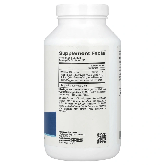 Lake Avenue Nutrition, комплекс с ресвератролом, 500 мг, 250 капсул