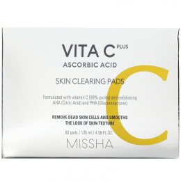 Missha, Vita C Plus Ascorbic Acid, Салфетки для очищения кожи, 60 подушечек