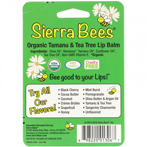 Sierra Bees, Органические бальзамы для губ, таману и чайное дерево, 4 в упаковке, по 4,25 г (0,15 унц.) каждый