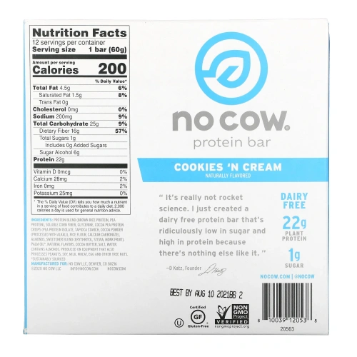 No Cow, Protein Bar, Cookies n Cream, 2.12 oz (60 g)