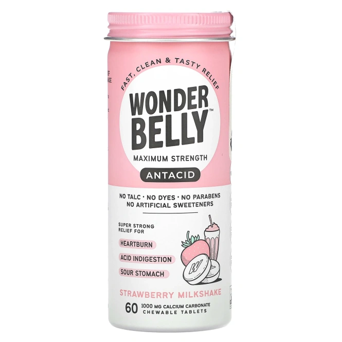 Wonderbelly, антацид, клубничный молочный коктейль, 60 жевательных таблеток