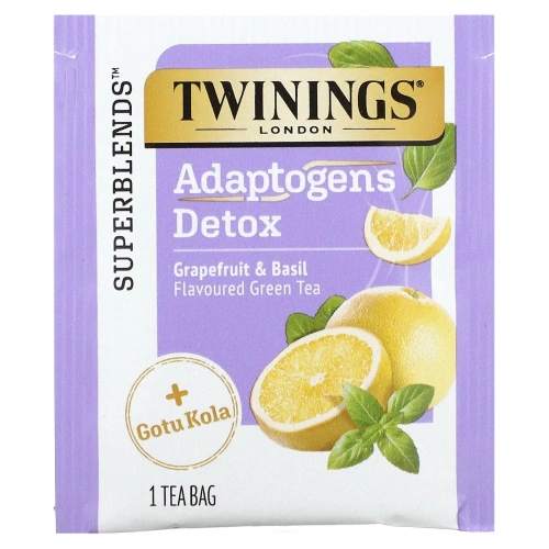 Twinings, Detox, адаптогены, зеленый чай со вкусом грейпфрута и базилика, 18 чайных пакетиков, 36 г (1,27 унции)