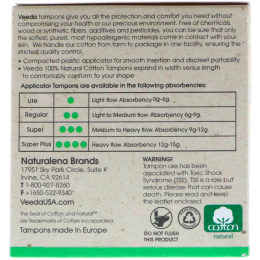 Veeda, 100% Natural Cotton Tampon with Plastic Applicator, Regular, 16 Tampons