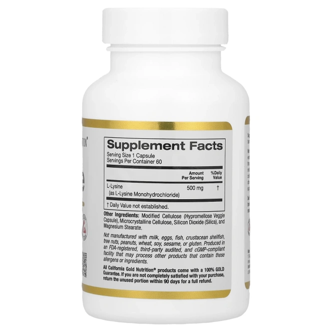 California Gold Nutrition, Спорт, L-лизин, 500 мг, 60 вегетарианских капсул