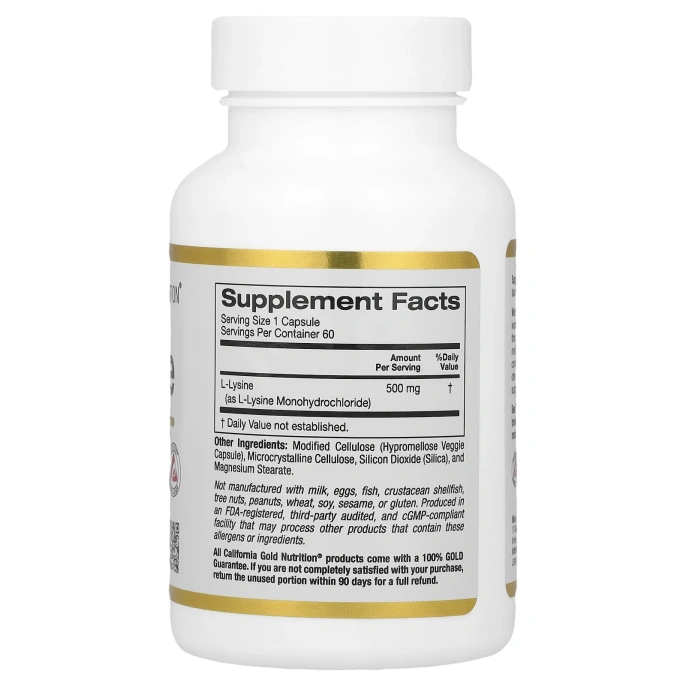 California Gold Nutrition, Спорт, L-лизин, 500 мг, 60 вегетарианских капсул