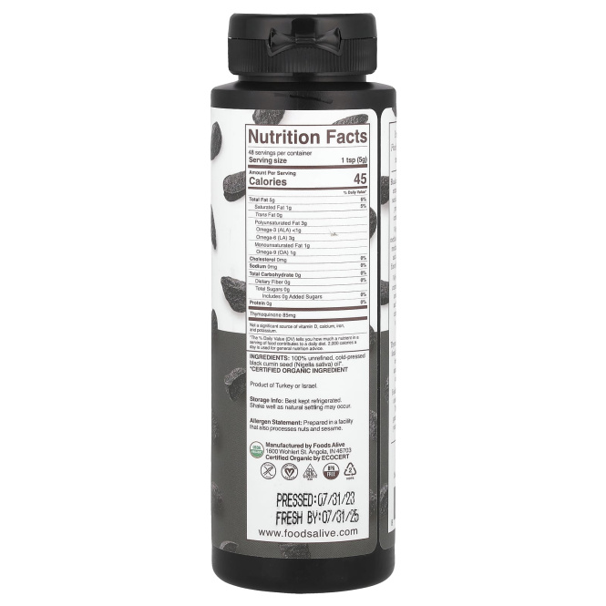 Foods Alive, Ремесленное масло черного тмина холодного отжима, 236 мл