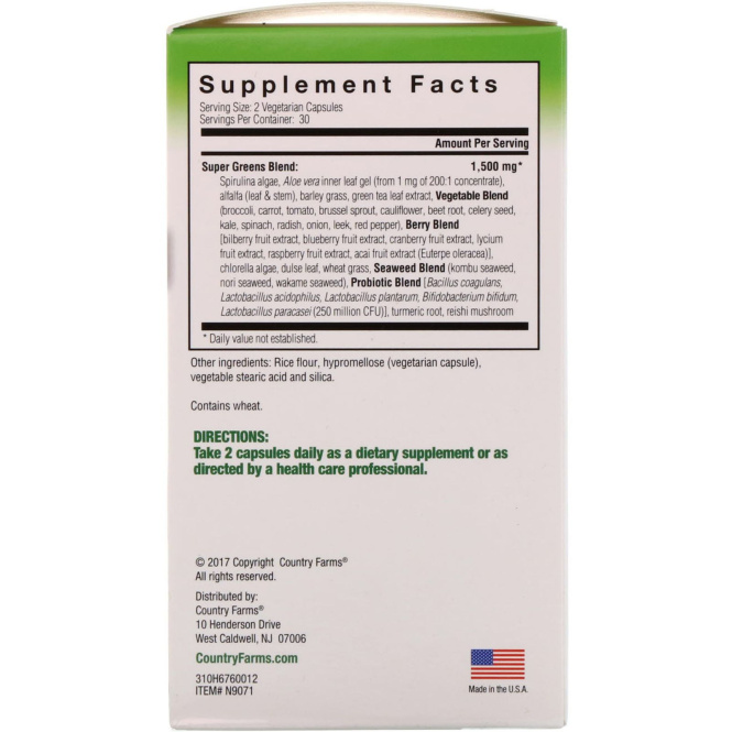 Country Farms, Super Greens, Whole Food Supplement, 60 Vegetable Capsules