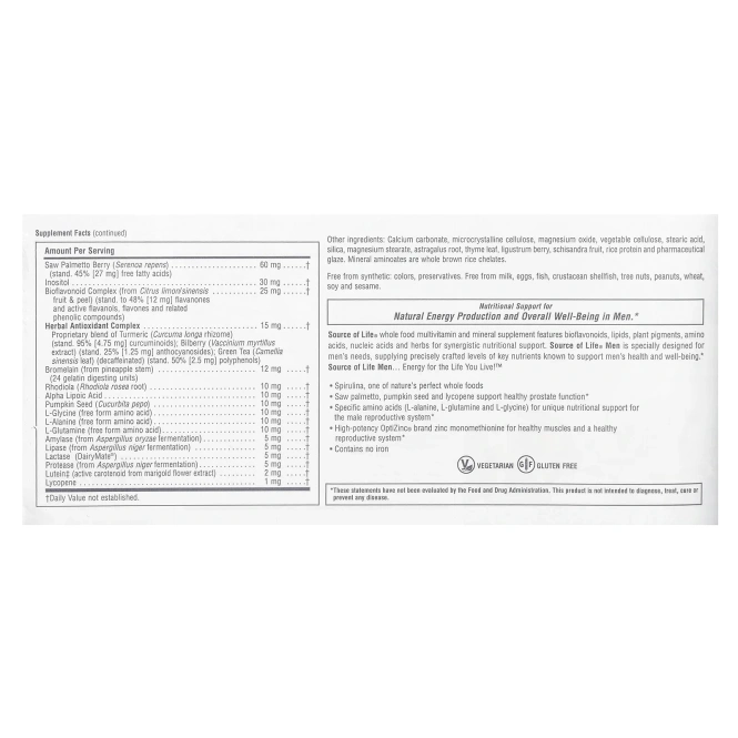 NaturesPlus, Source of Life, не содержащая железа поливитаминная и минеральная добавка с концентратами цельных продуктов для мужчин, 120 таблеток