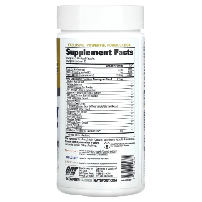 GAT, JetFuel Pyro, термогенное средство сжигания жира, 120 капсулы, заполненных маслом