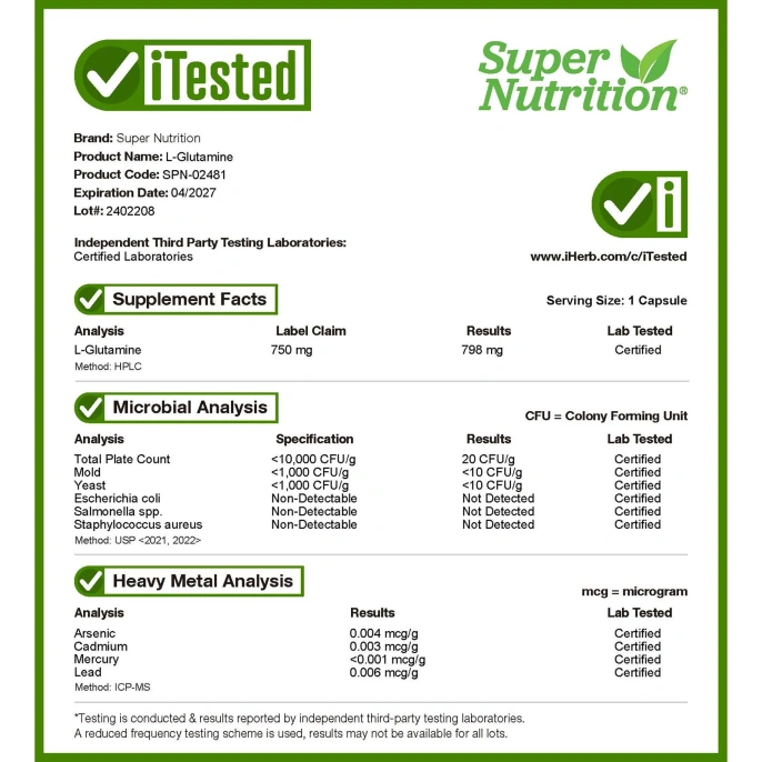 Super Nutrition, L-глютамин, 750 мг, 120 растительных капсул