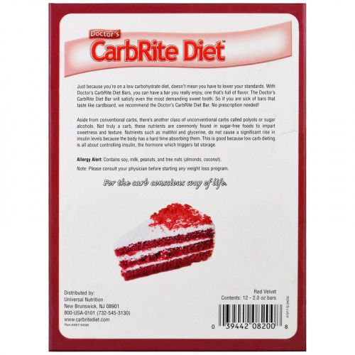 Universal Nutrition, Doctor's CarbRite Diet, красный бархат, 12 батончиков, 2,00 унции (56,7 г) каждый